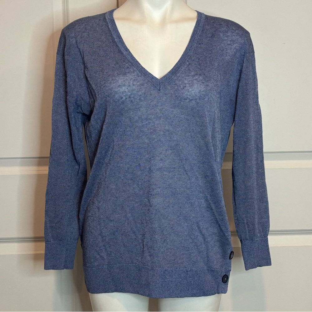 J. Crew Blue Linen Blend V-neck Side Button Lightweight Sweater S
